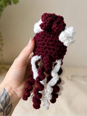 Handmade Crochet Jellyfish with Flowers - Burgundy & White